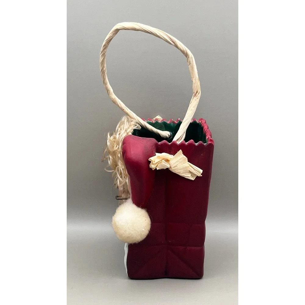 Vtg Santa Claus Ceramic Decorative‎ Gift Bag Vase Burgundy Christmas Decor 4.5